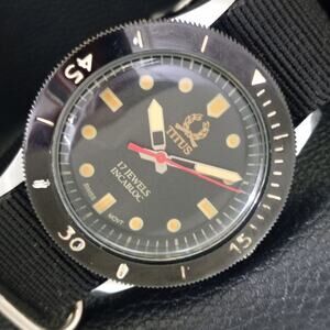 Vintage 1976 Titus Manual Mens Silver Watch W/Nato Strap & Yellow accents